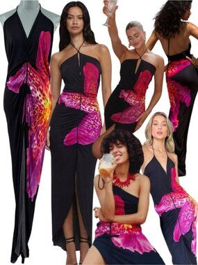 🆕 RAT & BOA 🧿 NWOT Pascala Tropical Orchid Ruched Maxi Dress, Black - Sz S